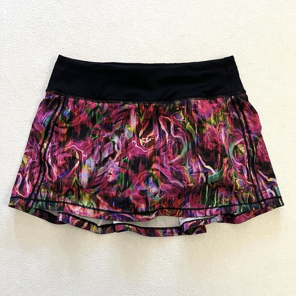 Lululemon Women Hyper Flow Pink Multi Black Print Pace Rival Mid-Rise Skirt 4